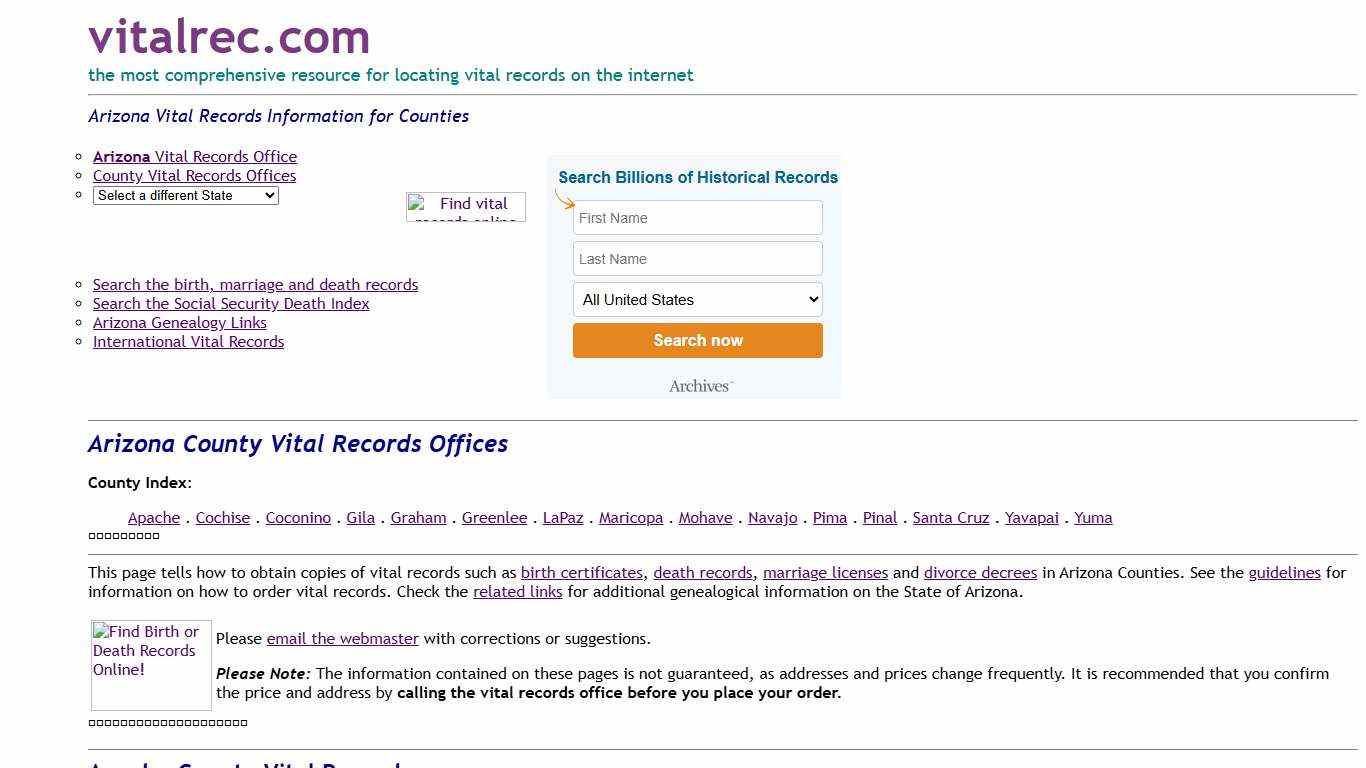 Arizona Counties Birth Certificate, Death Record, Marriage License and More